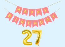 Mystic Toy Store 27th Happy Birthday Decoration Kit Light Pink for 27 year Old Boys Girls Men with Number Twenty-seven Party Decorations Decor Celebration Items Item Set Combo Reusable Paper Banner