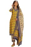 GoSriKi Women’s Cotton Blend Straight Printed Kurta with Pant & Dupatta (Uchiha Mustard-GS_XL_Mustard_X-Large)