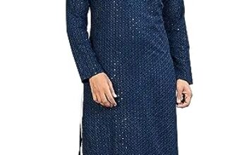 Trustous Georgette Men’s Indian Ethnic Wear Straight Lucknowi Regular Fit Kurta Dark Blue, 2XL