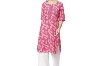 Rangriti Women’s Pink Printed Straight Viscose Kurta (RMMELPP18145_M)