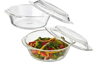 Amazon Brand – Solimo Set of 2 Borosilicate Glass Casserole-Cum-Serving Bowl with Lid | Microwave & Oven Safe| Deep Round | 650 Ml Each| Transparent