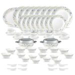 La Opala Diva Classique Collection Opal Glass Crockery | for Family of 8 | Dinner Set 61 pcs Morning Glory | Plates & Bowls for Dining | Microwave Safe | 100% Vegetarian | Extra Strong | White