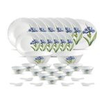 La Opala Diva Classique Collection Opal Glass Crockery | for Family of 6 | Dinner Set 33 pcs Royal Iris | Plates & Bowls for Dining | Microwave Safe | 100% Vegetarian | Extra Strong | White