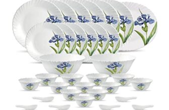 La Opala Diva Classique Collection Opal Glass Crockery | for Family of 6 | Dinner Set 33 pcs Royal Iris | Plates & Bowls for Dining | Microwave Safe | 100% Vegetarian | Extra Strong | White