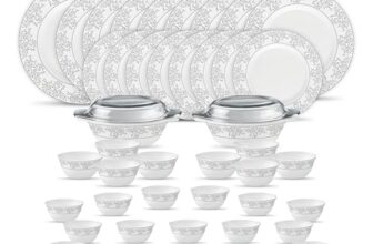 La Opala Diva Velvett Collection Opal Glass Crockery | for Family of 8 | Dinner Set 45 pcs Aria Grey | Plates & Bowls for Dining | Microwave Safe | 100% Vegetarian | Extra Strong | Light & White
