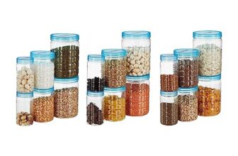 Amazon Brand – Solimo Plastic Checkered Jar Container, Set Of 18 (6 Pcs X 250 Ml Each, 6 Pcs X 500 Ml Each, 6 Pcs X 1000 Ml Each), Blue | Kitchen Organiser | Bpa Free | Stackable