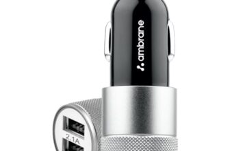 Ambrane 12W Fast Car Charger, Dual USB Output, Multi-Layer Protection, Fast Charging, Compatible with All Cars, Without Cable for All Mobiles & Other USB Enabled Devices (ACC74, Black & Silver)