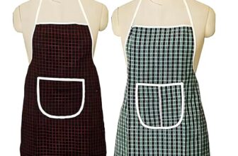 Amazon Brand – Solimo Cotton Apron with Front Pocket | Adjustable Neck Strap & Waist Belt | Unisex Size Standard (Pack of 2) | Checkered Design (Multicolour)