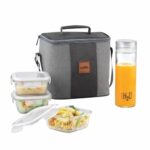 CELLO Glassy Square Lunch Box Set of 4 | (320ml x 3) & 1 Clear Glass Water Bottle (500ml) | Leak-Proof & Microwavable Toughened Glass | Perfect Lunch Box Set for Office, School & College