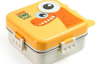 Clazkit 3-Compartment Super Dinosaur Printed Design Lunch Box – Leak-Proof & BPA-Free Bento Box with Steel Tray, Spoon & Container for School, Office, Travel – 1120ml + 70ml, Yellow