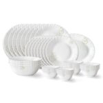 Larah by Borosil Ingot Fluted Series Opalware Dinner Set | 36 Pieces for Family of 8 | Microwave & Dishwasher Safe | Bone-Ash Free | Crockery Set for Dining & Gifting | Plates & Bowls | White