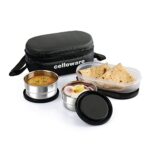 CELLO Double Treat Set of 3 Pcs Lunch Box for Office Use with Jacket Black | 2 x300ml Stainless Steel Containers, 1 x Oval Container| Lightweight Leakproof Airtight Tiffin Box Case For School & Travel