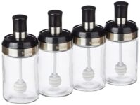 Amazon Brand – Solimo Borosilicate Glass Sauce Jar with Dipper, Set of 4 (250 Ml Each),Black