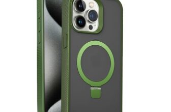 amazon basics Elite Series Frosted Finish Case with Back Stand for iPhone 15 Pro Max (Frosted Green)