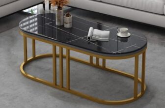 Welbana Oval Wood Top Coffee Table | Contemporary Capsule Shaped Sofa Side Tablemodern Center Table For Living Room, Stylish Tea Table Furniture For Home Office Reception, Contemporary (Golden Black)