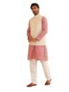 SOJANYA (Since 1958 Men’s Pink Woven Design Silk Blend Kurta with Pyjama & Cream Nehru Jacket