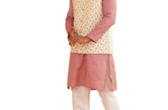 SOJANYA (Since 1958 Men’s Pink Woven Design Silk Blend Kurta with Pyjama & Cream Nehru Jacket
