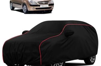 Sulfar 100% Water Resistant Car Body Cover Compatible with Mirror for Hyundai Getz (Triple Stitched, Full Bottom Elastic, Black with Red Piping)