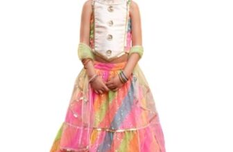 Pspeaches Girls 3-Piece Halter Neck Sleevless Georgette Lehenga, Choli & Dupatta 5-6 year Multi