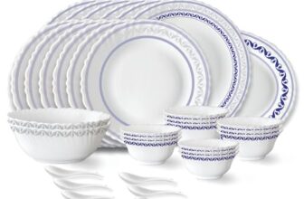 Larah by Borosil Jazzblue Fluted Series Opalware Dinner Set | 33 Pieces for Family of 6 | Microwave & Dishwasher Safe | Bone-Ash Free | Crockery Set for Dining & Gifting | Plates & Bowls | White
