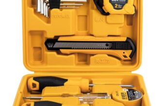 Deli DL1011J 11 Piece Household Tool Kit Portable & Compact with Test Pen Electrical Tape Measure Tape Screwdrivers Utility Knive 5-Hex Keys and Storage Box for DIY Home Repair (Yellow)