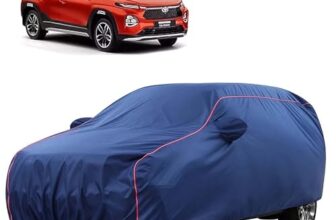 Sulfar 100% Water Resistant Car Body Cover Compatible with Mirror for Toyota Urban Cruiser Tiasor(Breeza) (Triple Stitched, Full Bottom Elastic, Blue Tafetta with Red Piping)