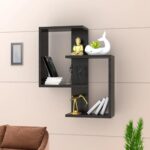 Furniture Café Modern Wooden Wall Mounted Shelf – Intersecting Cube Display Rack for Living Room, Bedroom, and Office Décor (Black)