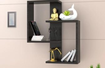 Furniture Café Modern Wooden Wall Mounted Shelf – Intersecting Cube Display Rack for Living Room, Bedroom, and Office Décor (Black)