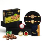 DeoDap Chocolate with Rakhi Set for Brother – Lord Ganpati & Peacock Design Rakhi Set of 2 with Choco Coated Almonds (32 GM), Silver Colour Pooja Coin & Greeting Card, Raksha Bandhan Combo for Bhai