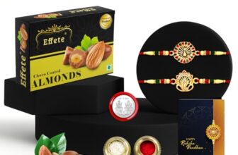 DeoDap Chocolate with Rakhi Set for Brother – Lord Ganpati & Peacock Design Rakhi Set of 2 with Choco Coated Almonds (32 GM), Silver Colour Pooja Coin & Greeting Card, Raksha Bandhan Combo for Bhai