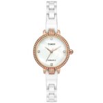 TIMEX Analog Watch for Women with Mother of Pearl White Round Dial & White Ceramic Bracelet Band Water Resistant Women’s Wrist Watches – TWEL15700