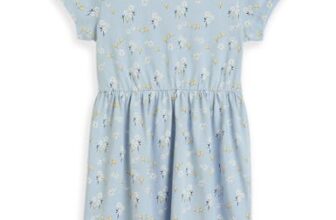 Amazon Brand – Symbol Kids Knee Length Printed Knit Dress (KD-DRG-SS25-144_Sky Blue Floral_6-8 Years)