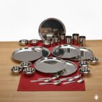 E – Ezra 36 Pieces Stainless Steel Dinnerware/Dinner Set – 6 Thali, 6 D.Plate, 12 Bowl, 6 Glass, 6 Spoon, Kitchen Set for Home & Restaurants, Family – Silver Dinnerware Set