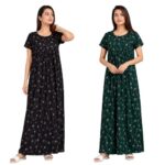 E – Ezra Nighty for Women Pure Cotton Combo Pack of 2 | Free Size Gown for Women Cotton | Nighties for Women Pure Cotton Combo Stylish | Maxi Sleepwear Blue