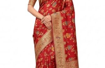 E – Ezra Traditional Indian Paisley Women’s Pure Soft Silk Handloom Saree Pure Golden Zari With Blouse Piece Woven Zari Floral Pattern Red