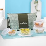 Larah Glassware Gracia Daisy Borosilicate Glass Lunchbox with Bag | Set of 4 (320ml x 2 Square + 240ml x 2 Round) | Microwave & Dishwasher Safe, Leakproof | Tiffin for Office, School | Green