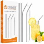 E-COSMOS® Reusable Stainless Steel Straws for Drinking with Brushes 8.5 Inches BPA-Free Metal, Thick, Long (2 Bent + 2 Straight +1 Brush)