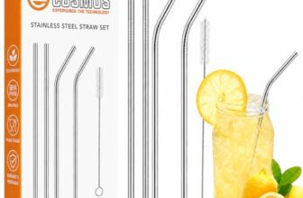 E-COSMOS® Reusable Stainless Steel Straws for Drinking with Brushes 8.5 Inches BPA-Free Metal, Thick, Long (2 Bent + 2 Straight +1 Brush)