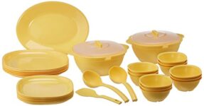 SignoraWare BPA Free Plastic Square Dinner Set | Microwave Safe | Unbreakable & Lightweight | Odor-Free | Great for Parties & Gatherings | Ideal for Regular Home Meals (Set of 32 pcs | Yellow)
