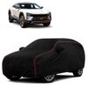 Sulfar 100% Water Resistant Car Body Cover Compatible with Mirror for Mahindra BE 6 (Triple Stitched, Full Bottom Elastic, Black with Red Piping)