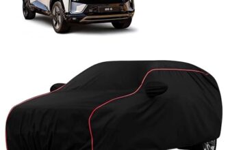 Sulfar 100% Water Resistant Car Body Cover Compatible with Mirror for Mahindra BE 6 (Triple Stitched, Full Bottom Elastic, Black with Red Piping)