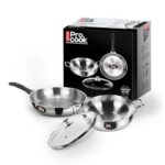 Milton Pro Cook Induction Cookware & Gas Stove Friendly Sandwich Bottom 3 Pc Cookware Set | Stainless Steel Kadhai & Fry Pan with Lid 22 cm | Deep Frying | Sauté | Scratch Resistant | 2Y Warranty