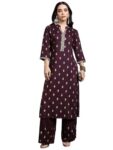 Vishudh Women Mandarin Collar Calf Length Kurta Sets VNK3008039 Brown S