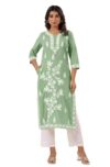 Janasya Women’s Light Green Pure Cotton Embroidered Straight Kurta (JAA25KR02256-P-S)