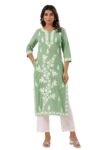 Janasya Women’s Light Green Pure Cotton Embroidered Straight Kurta (JAA25KR02256-P-S)