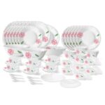 Larah by Borosil Red Mist Fluted Series Opalware Dinner Set | 66 Pieces for Family of 6 | Microwave & Dishwasher Safe | Bone-Ash Free | Crockery Set for Dining & Gifting | Plates & Bowls | White