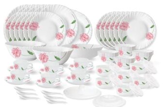 Larah by Borosil Red Mist Fluted Series Opalware Dinner Set | 66 Pieces for Family of 6 | Microwave & Dishwasher Safe | Bone-Ash Free | Crockery Set for Dining & Gifting | Plates & Bowls | White