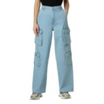 Women Blue High Waist Straight Fit Cargo Jeans