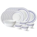 Larah by Borosil Jazzblue Fluted Series Opalware Dinner Set | 27 Pieces for Family of 6 | Microwave & Dishwasher Safe | Bone-Ash Free | Crockery Set for Dining & Gifting | Plates & Bowls | White