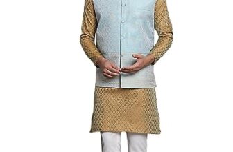 SOJANYA (Since 1958 Men’s Jacquard Silk Mustard Kurta and Off-White Pyjama With Blue Nehru Jacket